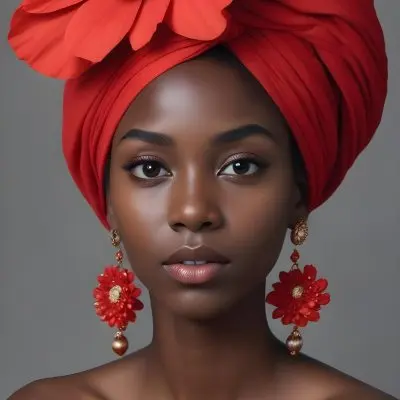 A Black Woman 23 Years Old With Dark Skin Wearing A Red Turban With A Big Red Flower Red Earrings In A Gray Background 31 038b