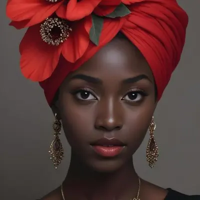 A Black Woman 23 Years Old With Dark Skin Wearing A Red Turban With A Big Red Flower Red Earrings In A Gray Background 33 78d4