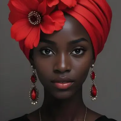 A Black Woman 23 Years Old With Dark Skin Wearing A Red Turban With A Big Red Flower Red Earrings In A Gray Background 35 7085