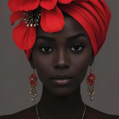 A Black Woman 23 Years Old With Dark Skin Wearing A Red Turban With A Big Red Flower Red Earrings In A Gray Background 6 49c8
