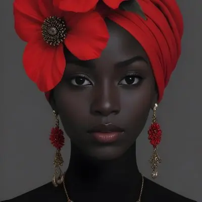 A Black Woman 23 Years Old With Dark Skin Wearing A Red Turban With A Big Red Flower Red Earrings In A Gray Background 7 9441