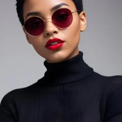 A Black Woman 23 Years Old With Short Hair Wearing Red Sunglasses And Black Lipstick Turtleneck Sweater White Background 1 6571