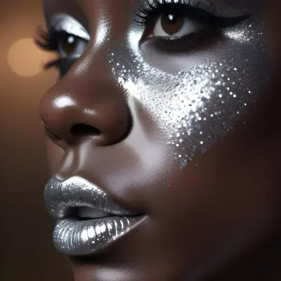 A Black Woman 23 Years Old With Silver Makeup And Glitter On Her Face Silver Lips Dark Brown Background 10 Ff57
