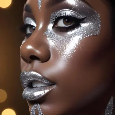 A Black Woman 23 Years Old With Silver Makeup And Glitter On Her Face Silver Lips Dark Brown Background 11 5c4f