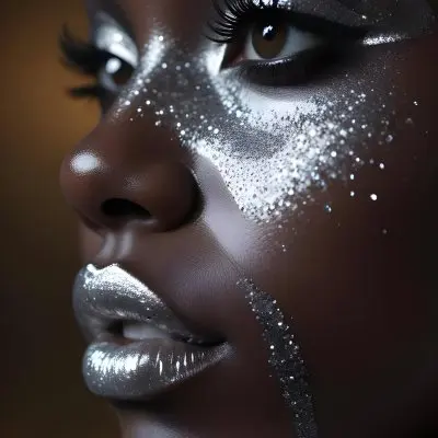 A Black Woman 23 Years Old With Silver Makeup And Glitter On Her Face Silver Lips Dark Brown Background 2 5184