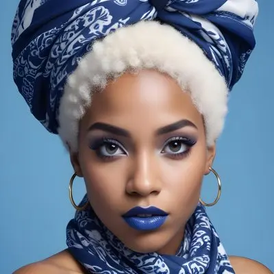 A Black Woman 23 Years Old With White Afro Hair And Black Eyeshadow Wearing A Blue And White Patterned Headscarf And Scarf Blue Lipstick On A Blue Background 26 C1b4