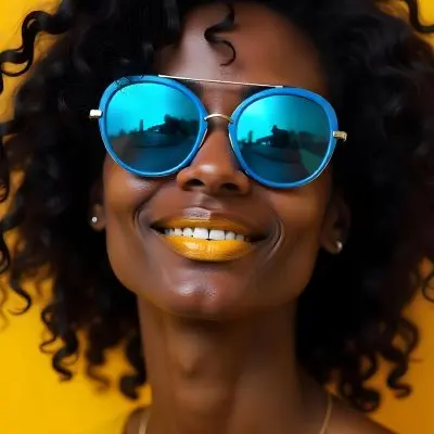 A Black Woman 23 Years Old Yellow Skin Yellow Lips Black Hair Wearing Blue Sunglasses In A Yellow Background 11 9b41