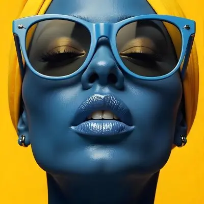 A Black Woman 23 Years Old Yellow Skin Yellow Lips Black Hair Wearing Blue Sunglasses In A Yellow Background 12 8567