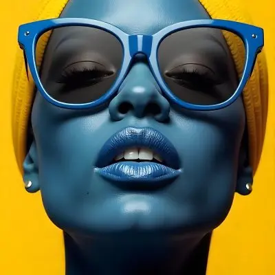 A Black Woman 23 Years Old Yellow Skin Yellow Lips Black Hair Wearing Blue Sunglasses In A Yellow Background 14 9c31