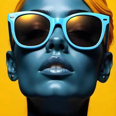 A Black Woman 23 Years Old Yellow Skin Yellow Lips Black Hair Wearing Blue Sunglasses In A Yellow Background 15 4e1a