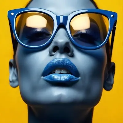 A Black Woman 23 Years Old Yellow Skin Yellow Lips Black Hair Wearing Blue Sunglasses In A Yellow Background 18 0e50