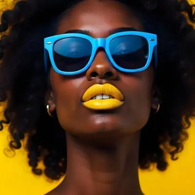 A Black Woman 23 Years Old Yellow Skin Yellow Lips Black Hair Wearing Blue Sunglasses In A Yellow Background 19 5fa6