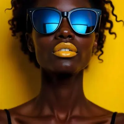A Black Woman 23 Years Old Yellow Skin Yellow Lips Black Hair Wearing Blue Sunglasses In A Yellow Background 20 B328