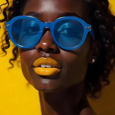 A Black Woman 23 Years Old Yellow Skin Yellow Lips Black Hair Wearing Blue Sunglasses In A Yellow Background 24 E233