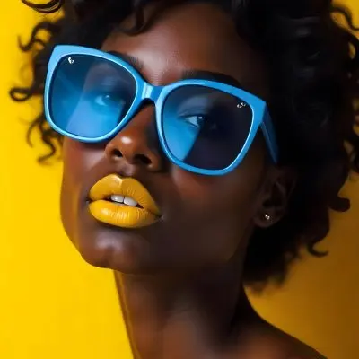 A Black Woman 23 Years Old Yellow Skin Yellow Lips Black Hair Wearing Blue Sunglasses In A Yellow Background 28 609e