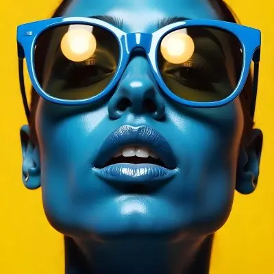 A Black Woman 23 Years Old Yellow Skin Yellow Lips Black Hair Wearing Blue Sunglasses In A Yellow Background 29 A919
