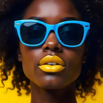A Black Woman 23 Years Old Yellow Skin Yellow Lips Black Hair Wearing Blue Sunglasses In A Yellow Background 32 7b86