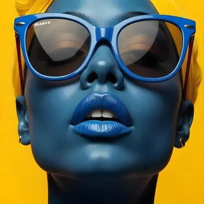 A Black Woman 23 Years Old Yellow Skin Yellow Lips Black Hair Wearing Blue Sunglasses In A Yellow Background 4 8a02