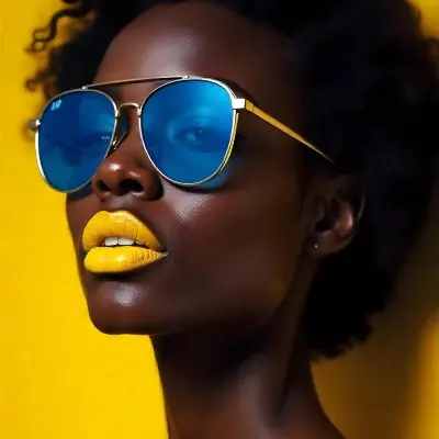 A Black Woman 23 Years Old Yellow Skin Yellow Lips Black Hair Wearing Blue Sunglasses In A Yellow Background 5 A060