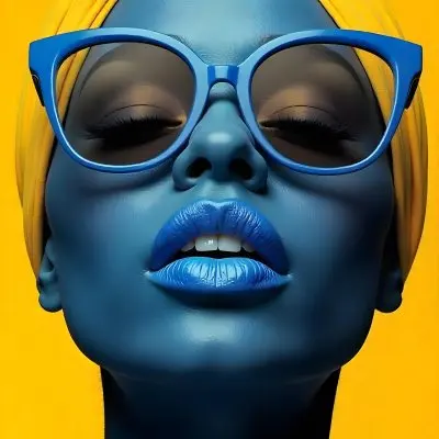A Black Woman 23 Years Old Yellow Skin Yellow Lips Black Hair Wearing Blue Sunglasses In A Yellow Background 6 3c13