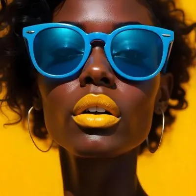A Black Woman 23 Years Old Yellow Skin Yellow Lips Black Hair Wearing Blue Sunglasses In A Yellow Background 7 Dd77