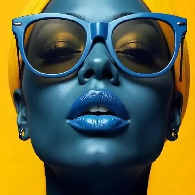 A Black Woman 23 Years Old Yellow Skin Yellow Lips Black Hair Wearing Blue Sunglasses In A Yellow Background 8 30c6