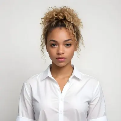 A Black Woman 25 Years Old With Curly Blonde Hair Wearing A White Shirt In A White Background 14 6a25