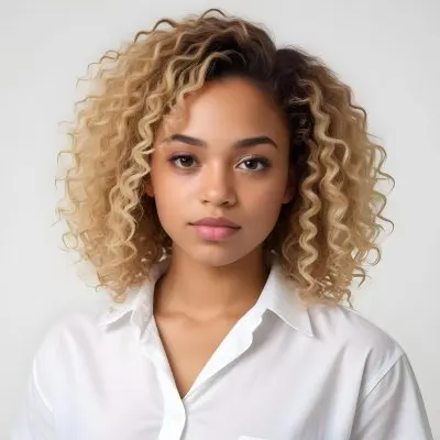 A Black Woman 25 Years Old With Curly Blonde Hair Wearing A White Shirt In A White Background 16 Cae4