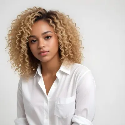 A Black Woman 25 Years Old With Curly Blonde Hair Wearing A White Shirt In A White Background 18 521d