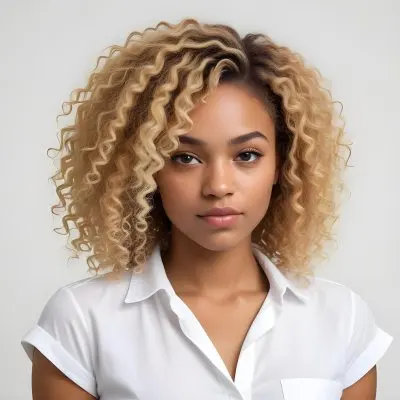 A Black Woman 25 Years Old With Curly Blonde Hair Wearing A White Shirt In A White Background 19 7bd5
