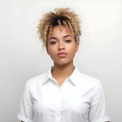 A Black Woman 25 Years Old With Curly Blonde Hair Wearing A White Shirt In A White Background 2 41be