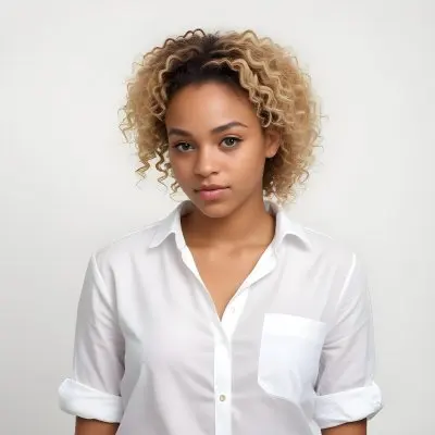A Black Woman 25 Years Old With Curly Blonde Hair Wearing A White Shirt In A White Background 22 8592