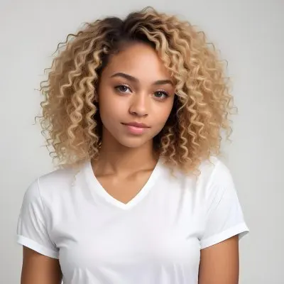 A Black Woman 25 Years Old With Curly Blonde Hair Wearing A White Shirt In A White Background 23