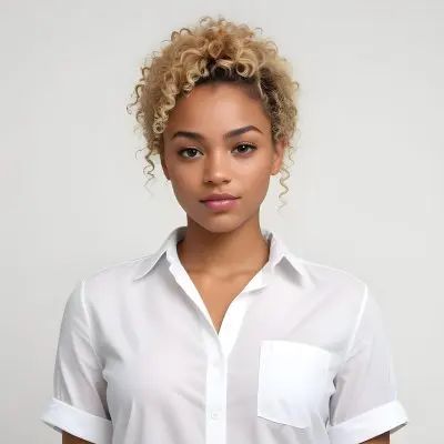 A Black Woman 25 Years Old With Curly Blonde Hair Wearing A White Shirt In A White Background 3 5747