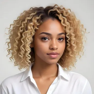 A Black Woman 25 Years Old With Curly Blonde Hair Wearing A White Shirt In A White Background 35 84f2