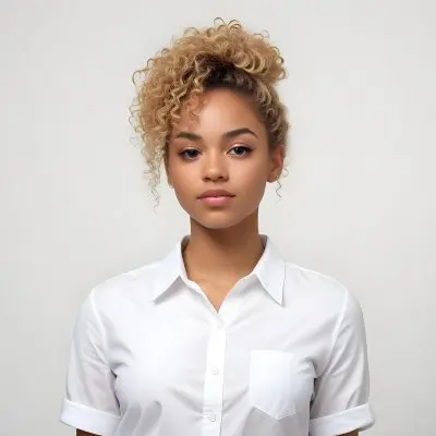 A Black Woman 25 Years Old With Curly Blonde Hair Wearing A White Shirt In A White Background 36 2604