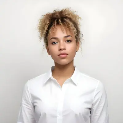 A Black Woman 25 Years Old With Curly Blonde Hair Wearing A White Shirt In A White Background 38 B269
