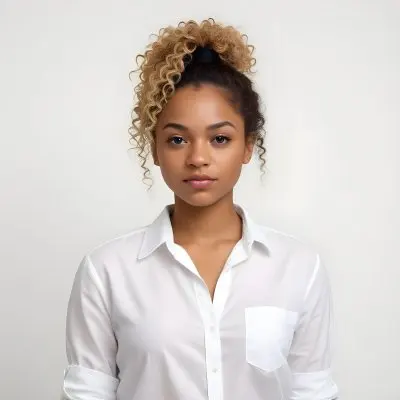 A Black Woman 25 Years Old With Curly Blonde Hair Wearing A White Shirt In A White Background 4