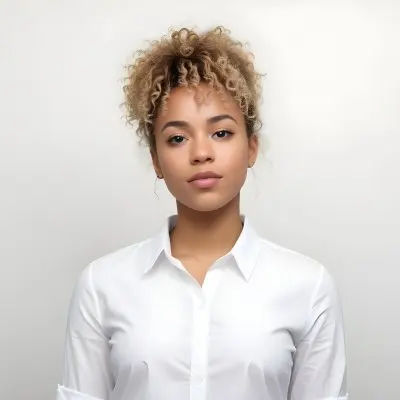 A Black Woman 25 Years Old With Curly Blonde Hair Wearing A White Shirt In A White Background 40 F60a