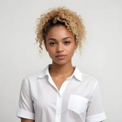 A Black Woman 25 Years Old With Curly Blonde Hair Wearing A White Shirt In A White Background 6 F5db