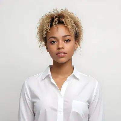 A Black Woman 25 Years Old With Curly Blonde Hair Wearing A White Shirt In A White Background 8