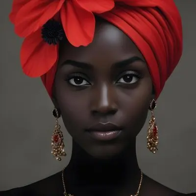 A Black Woman 25 Years Old With Dark Skin Wearing A Red Turban With A Big Black Flower Black Earrings Dark Background 20 22a9