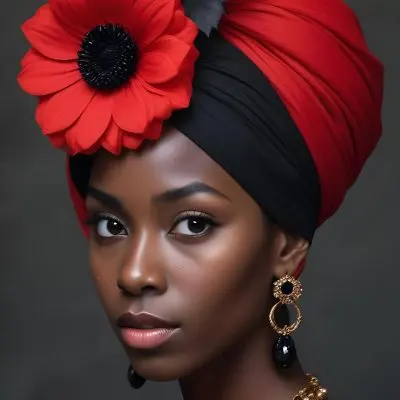 A Black Woman 25 Years Old With Dark Skin Wearing A Red Turban With A Big Black Flower Black Earrings Dark Background 31 7b52