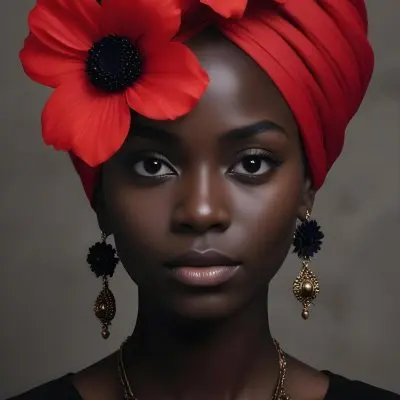 A Black Woman 25 Years Old With Dark Skin Wearing A Red Turban With A Big Black Flower Black Earrings Dark Background 33 A888