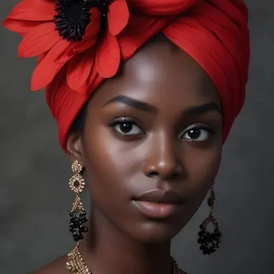 A Black Woman 25 Years Old With Dark Skin Wearing A Red Turban With A Big Black Flower Black Earrings Dark Background 7 B261