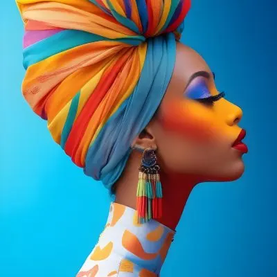 A Black Woman 25 Years Old With Light Skin Black Lips Wearing A Colorful Turban And Earrings With Tassels In A Red Background 11 71cd