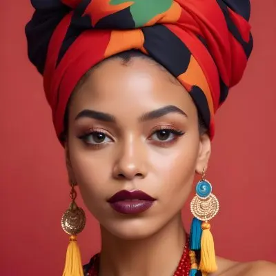 A Black Woman 25 Years Old With Light Skin Black Lips Wearing A Colorful Turban And Earrings With Tassels In A Red Background 14 9eaf
