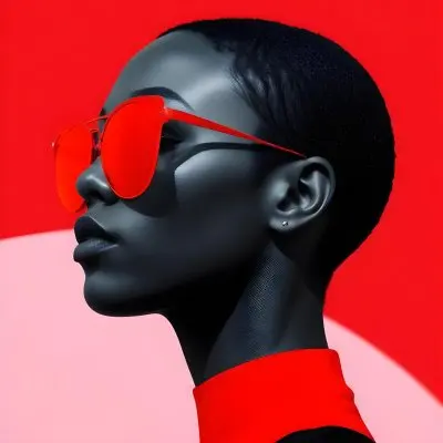 A Black Woman 25 Years Old With Short Red Hair And Light Skin Wearing Black Sunglasses Black Shirt Light Pink And Red Background 24 3222