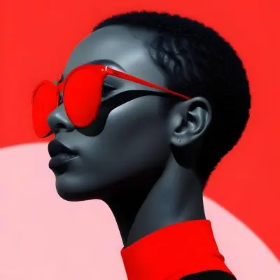A Black Woman 25 Years Old With Short Red Hair And Light Skin Wearing Black Sunglasses Red Shirt Light Red And Red Background 25 7b97