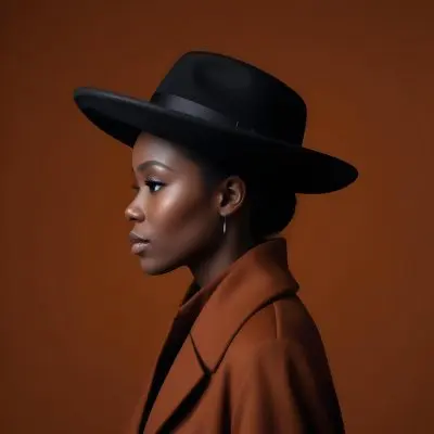A Black Woman 30 Years Old Wearing A Black Hat And A Black Coat Side View Dark Skin Black Background Elegant Fashion Photography Studio Lighting High Contrast Minimalist 1 500e